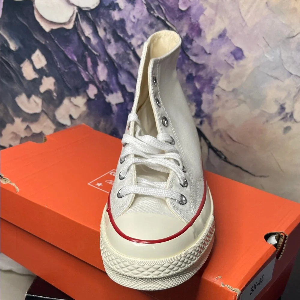 Converse High Top Sneaker in White with Red & Navy Accents - Picture 4 of 9